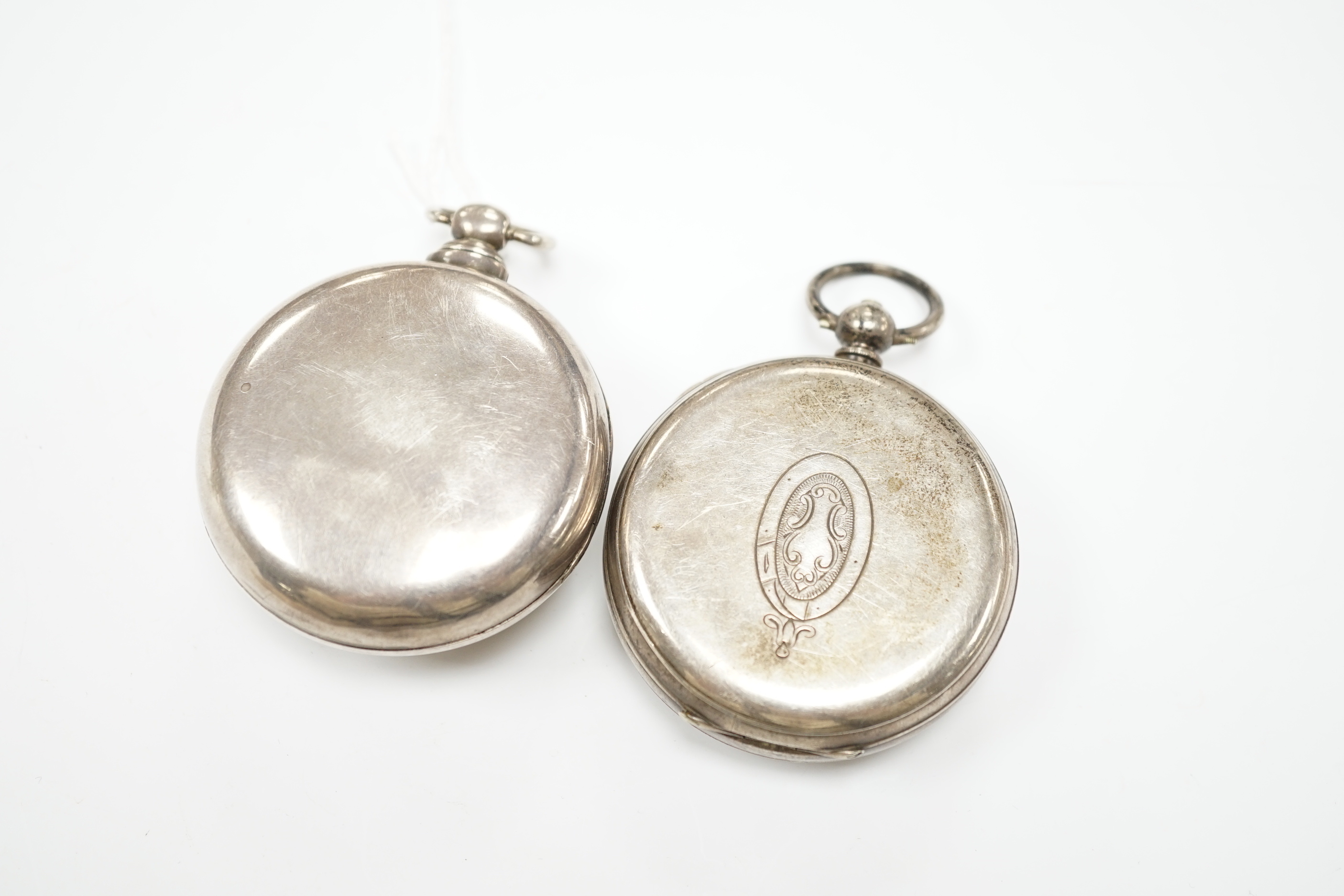 A 19th century silver pair cased open face keywind pocket watch, with Roman dial and a Swiss white metal open face chronograph pocket watch, with Roman dial.
